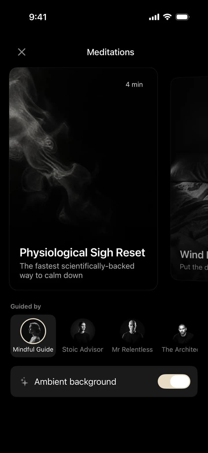The Meditations screen in ILTY: a four-minute Physiological Sigh Reset, with a Guided by row to pick the narrator