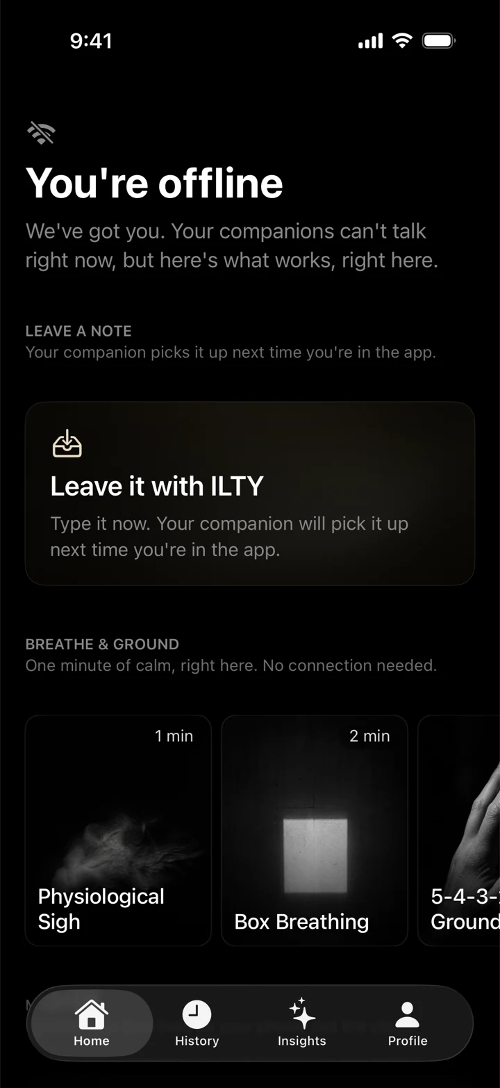ILTY's offline screen: leave a note for your companion, and breathing practices that run with no connection