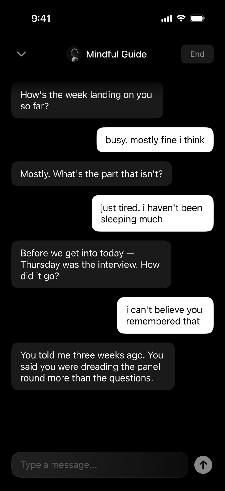 Mindful Guide asking how Thursday's interview went, which the user mentioned three weeks earlier