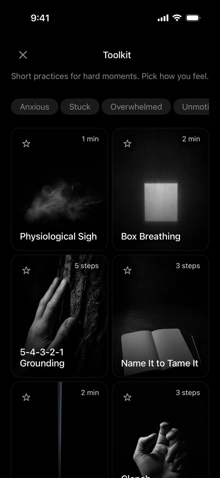The ILTY Toolkit: short practices for hard moments, filtered by how you feel, with Physiological Sigh, Box Breathing and 5-4-3-2-1 Grounding